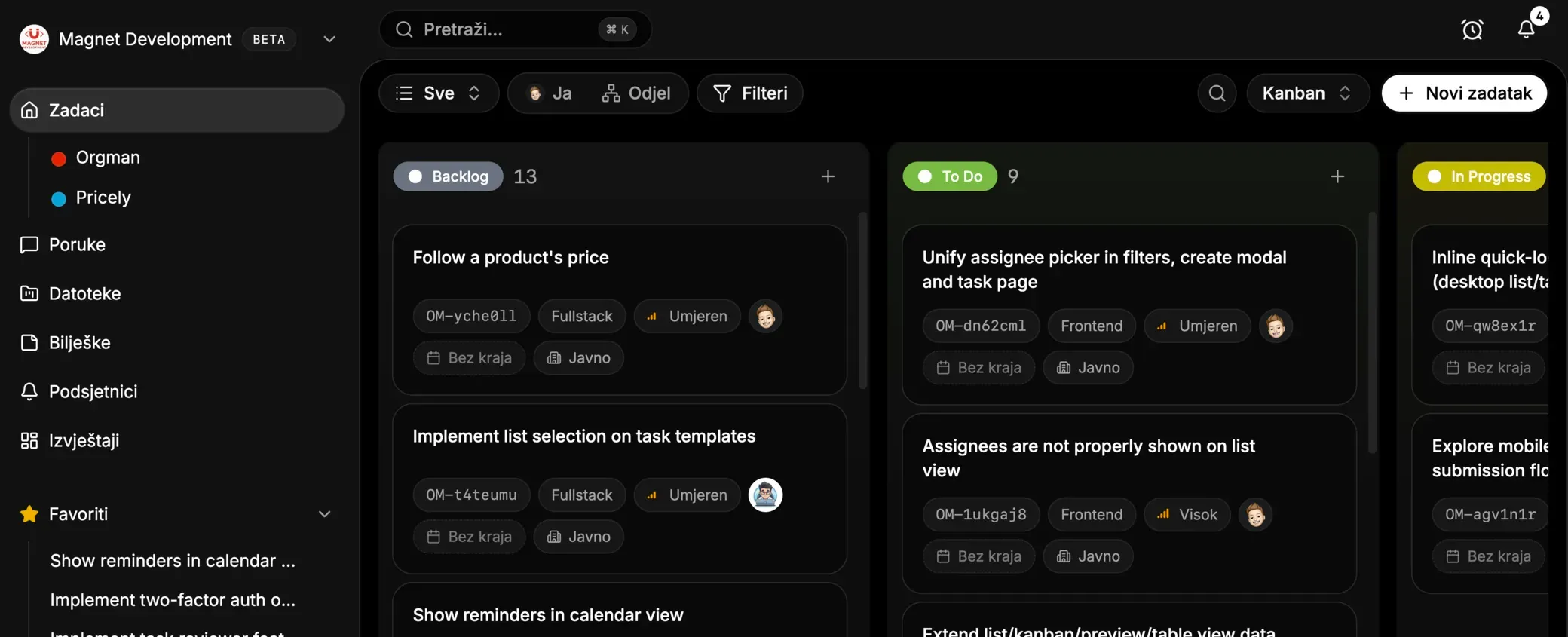 Kanban view with custom statuses (dark mode)