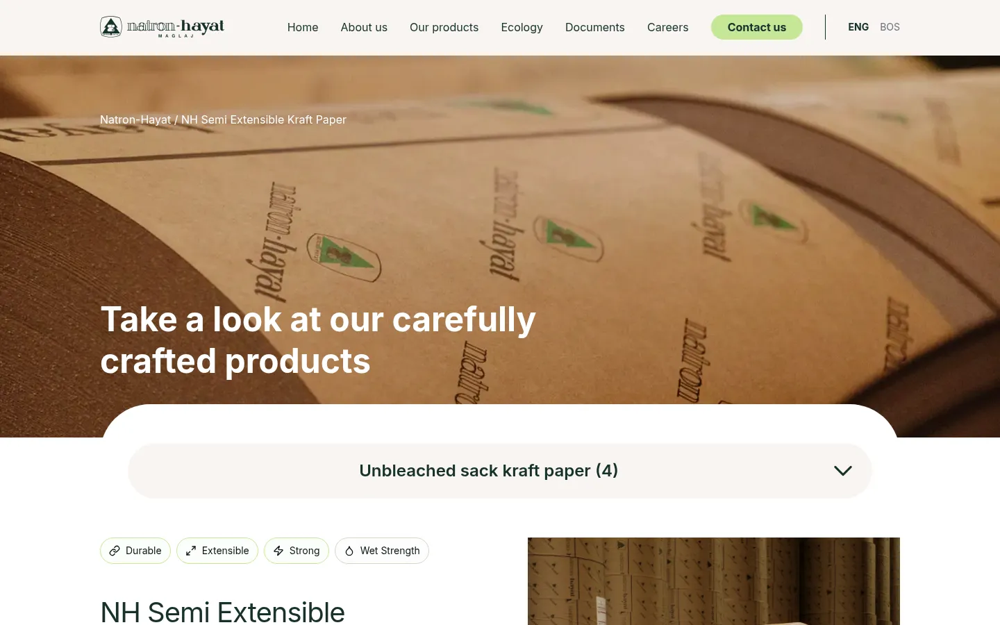 Product page with property highlights and technical data